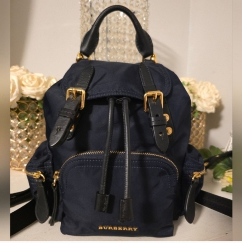 Burberry Navy Blue Mini Backpack with Black Leather Trim and Gold Hardware